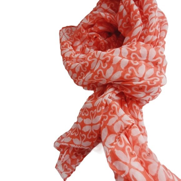 Scarf Large Orange & White Lightweight Semi-Sheer Kissing Swans Heart Pattern - Picture 3 of 3